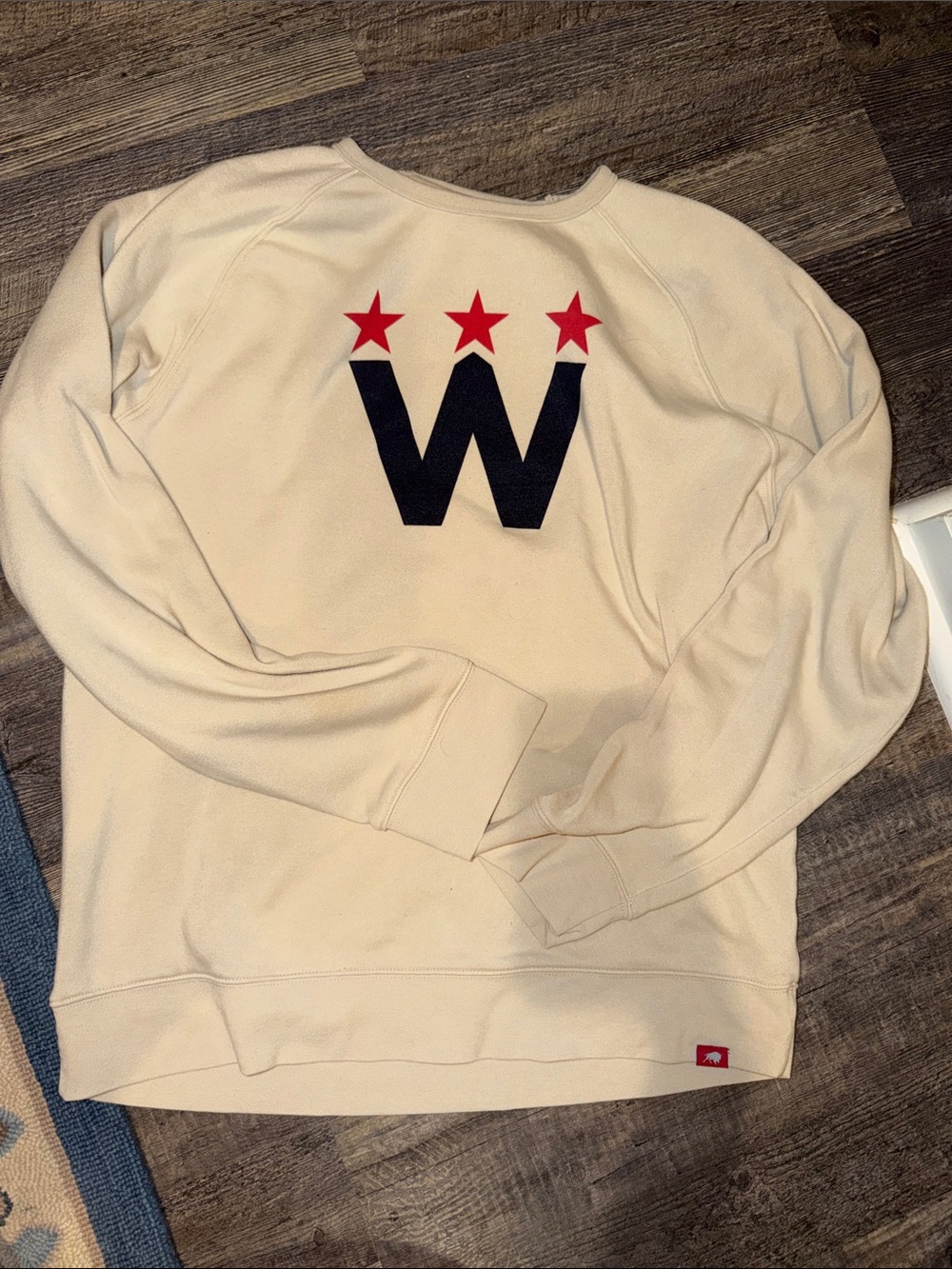 Cream Crewneck Sweatshirt with Red Stars and Navy 'W' Logo